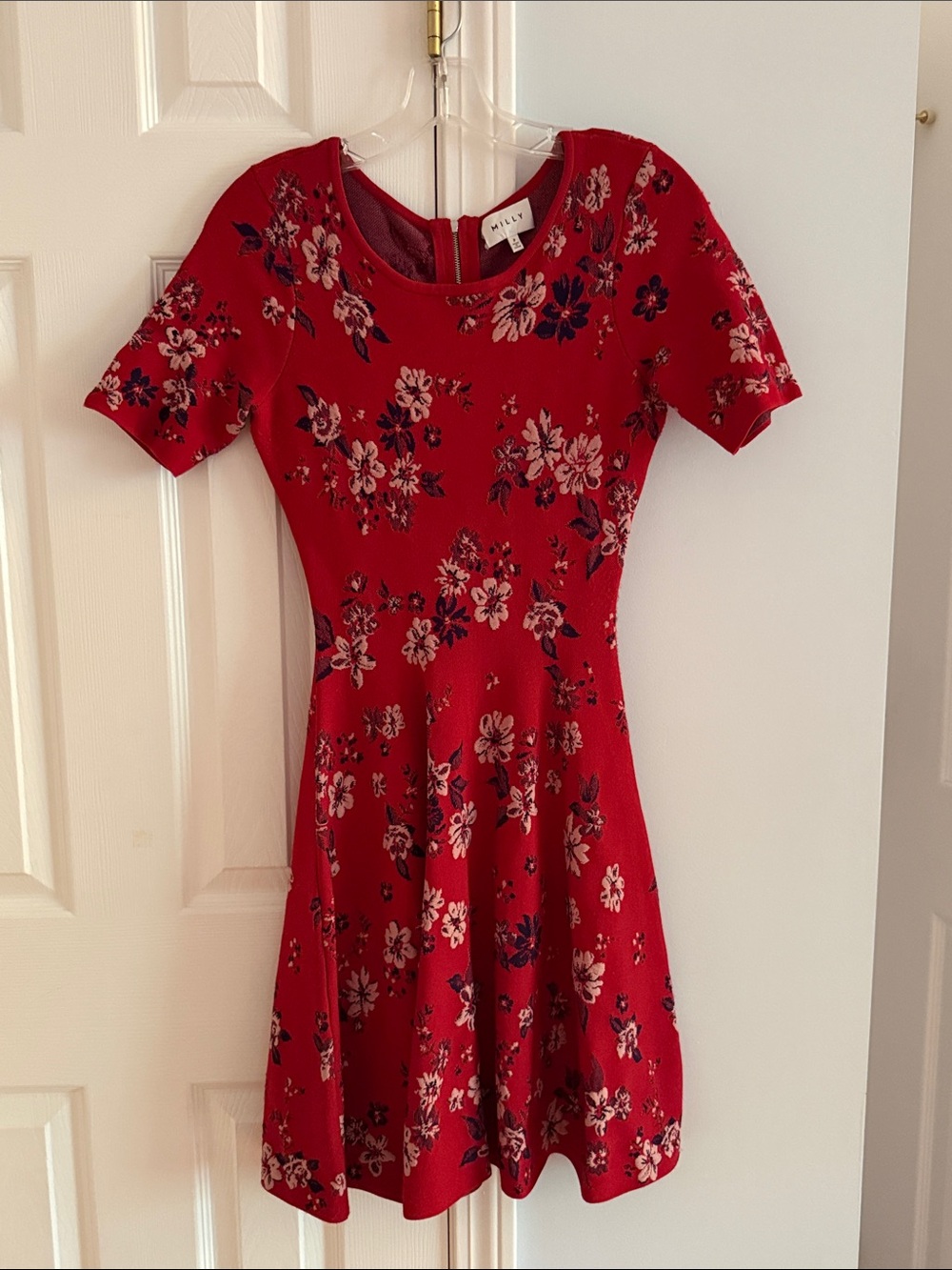 Milly Red Floral Short-Sleeve Fit-and-Flare Mini Dress- like new Size P